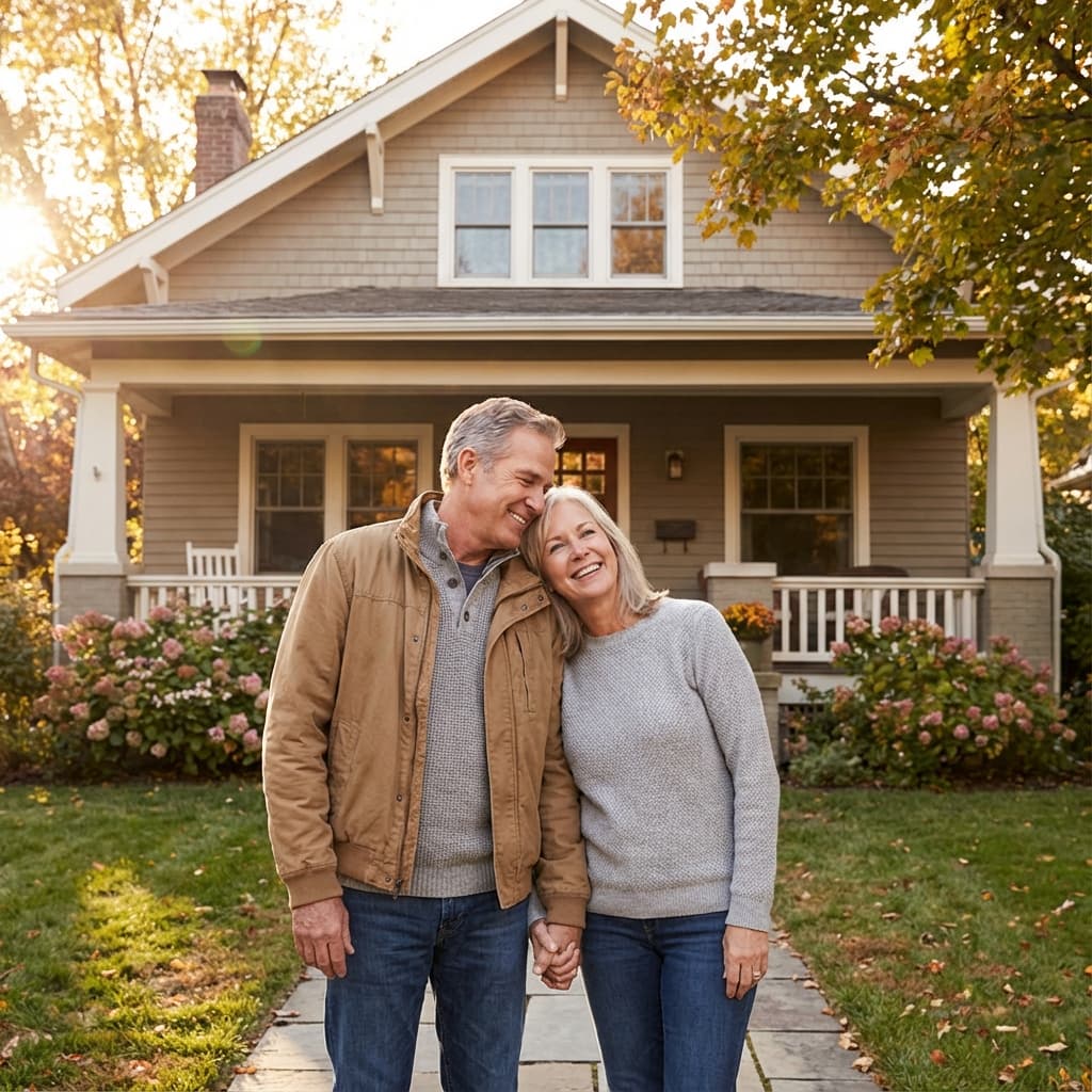 Happy older couple standing in front of their home
